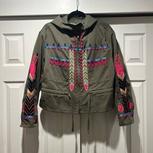 Authentic Valentino Utility Jacket in Olive with Pink and Multicolor Embroidery